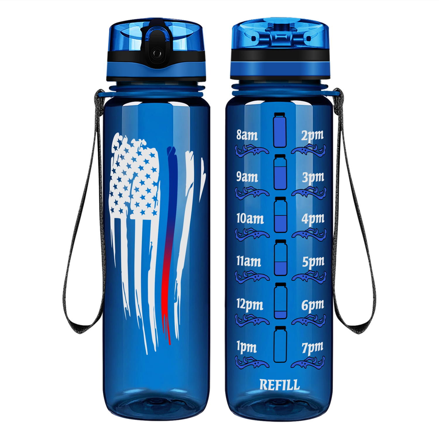 Wavy Blue Red Thin Line Flag on 32 oz Motivational Tracking Water Bottle