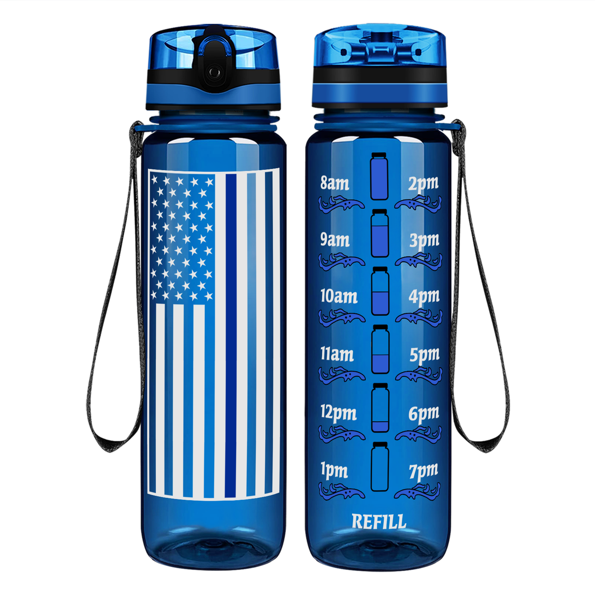 Thin Blue Line Flag on 32 oz Motivational Tracking Water Bottle