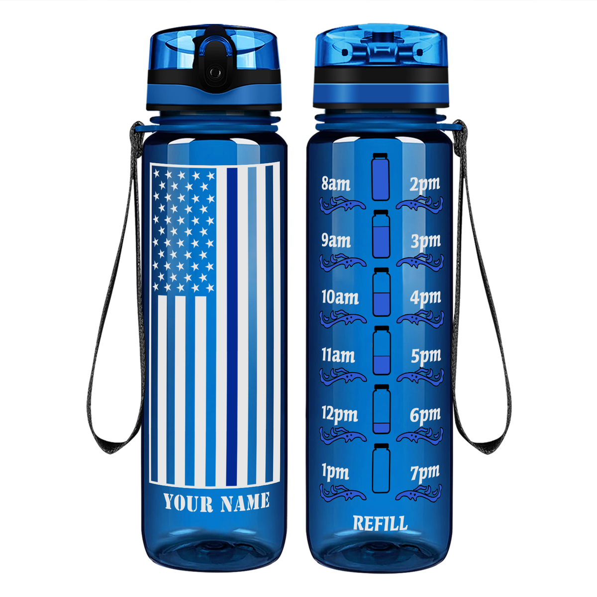Personalized Thin Blue Line Flag on 32 oz Motivational Tracking Water Bottle