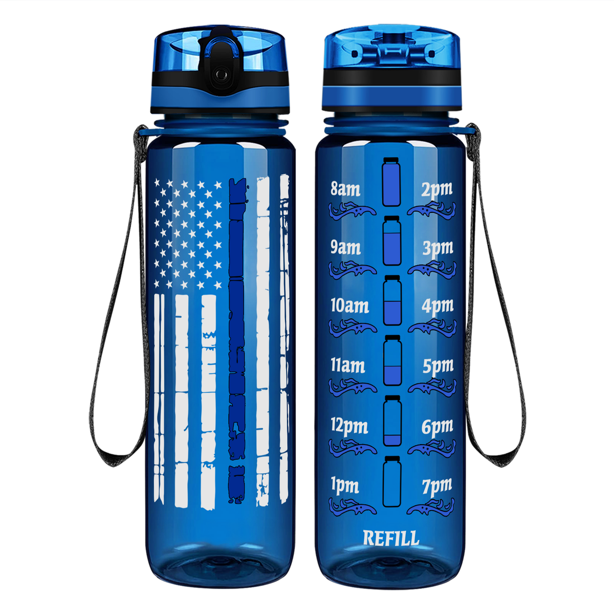 Distressed Thin Blue Line Flag on 32 oz Motivational Tracking Water Bottle