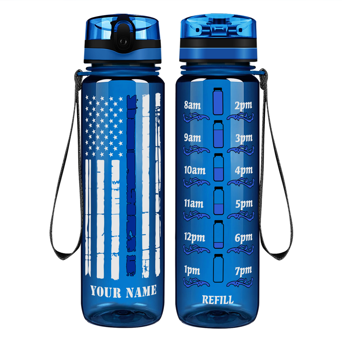 Personalized Distressed Thin Blue Line Flag on 32 oz Motivational Tracking Water Bottle