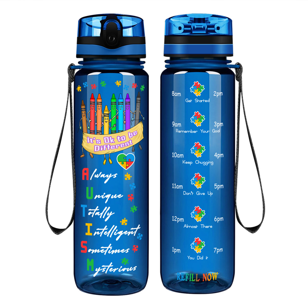Colorful Autism Crayons on 32 oz Motivational Tracking Water Bottle