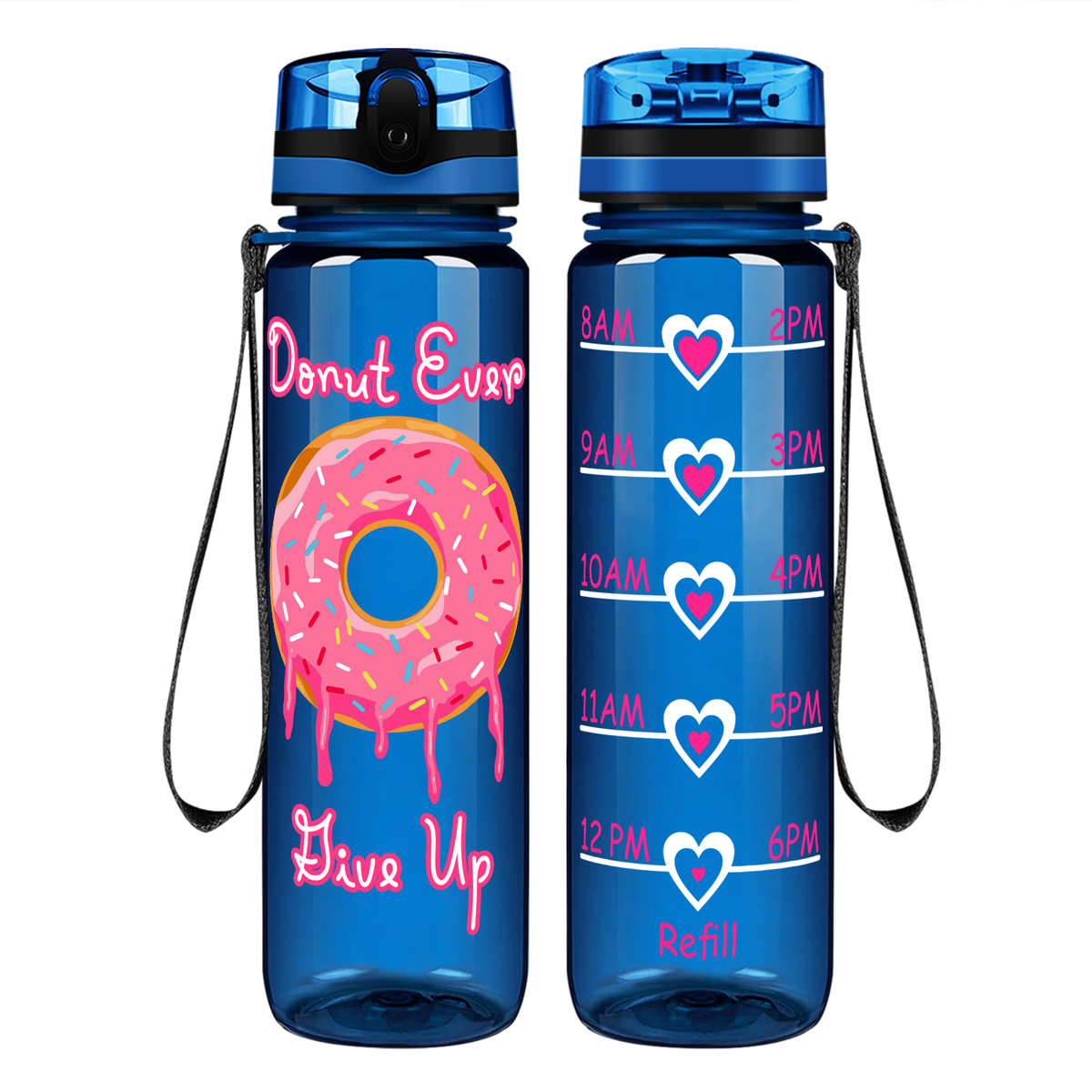 Donut Ever Give Up on 32 oz Motivational Tracking Water Bottle