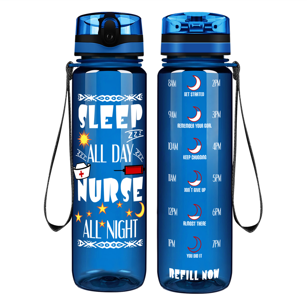 Nurse All Night on 32oz Motivational Tracking Water Bottle