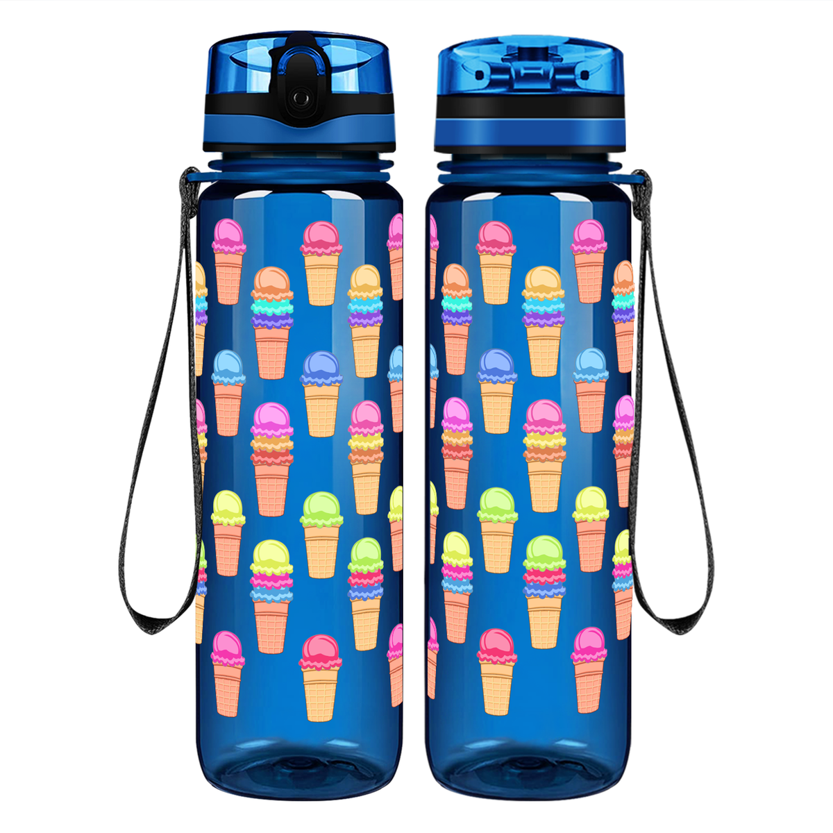 Colorful Ice Cream Cones on 32 oz Motivational Tracking Water Bottle