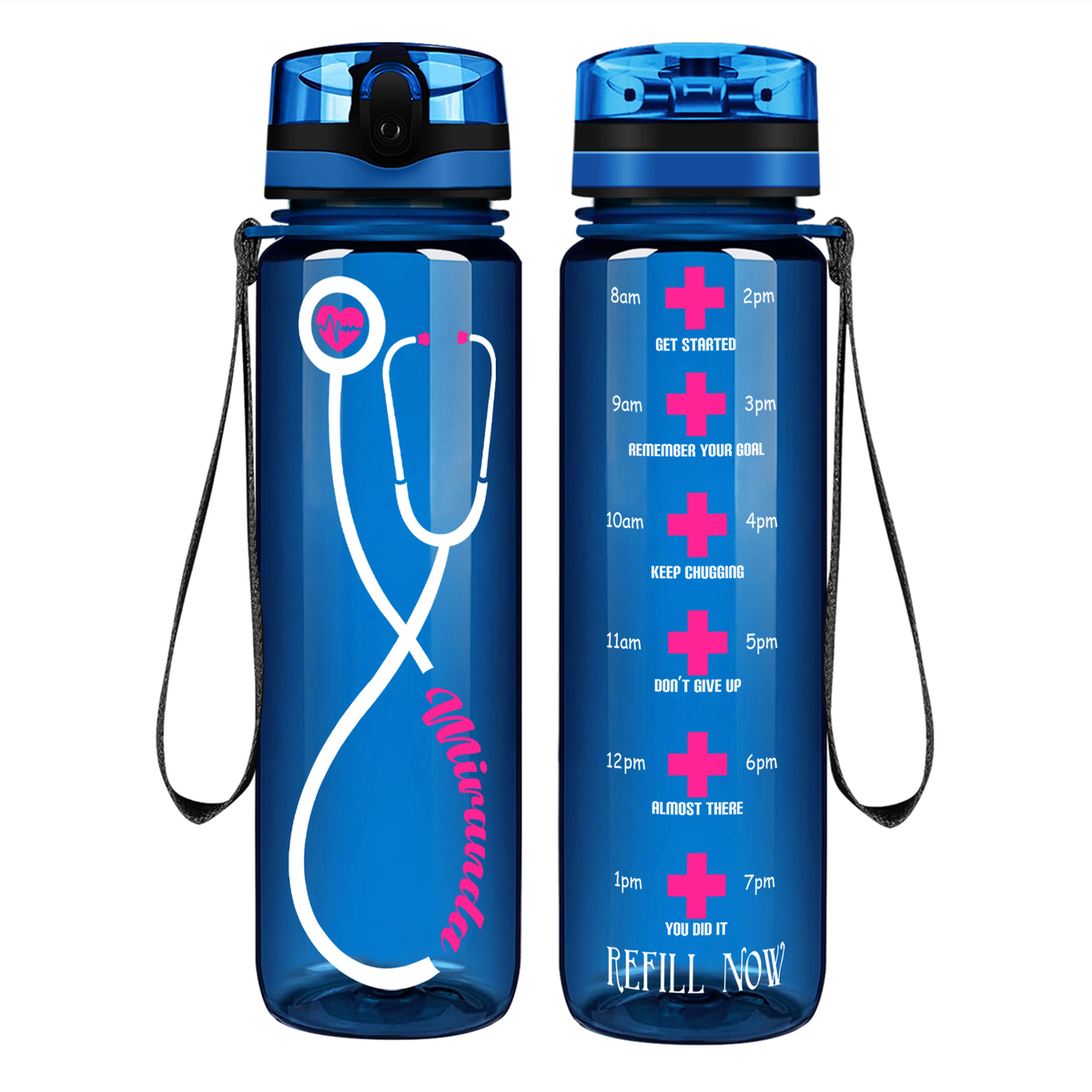 Personalized Heartbeat Nurse Pink Stethoscope on 32oz Motivational Tracking Water Bottle