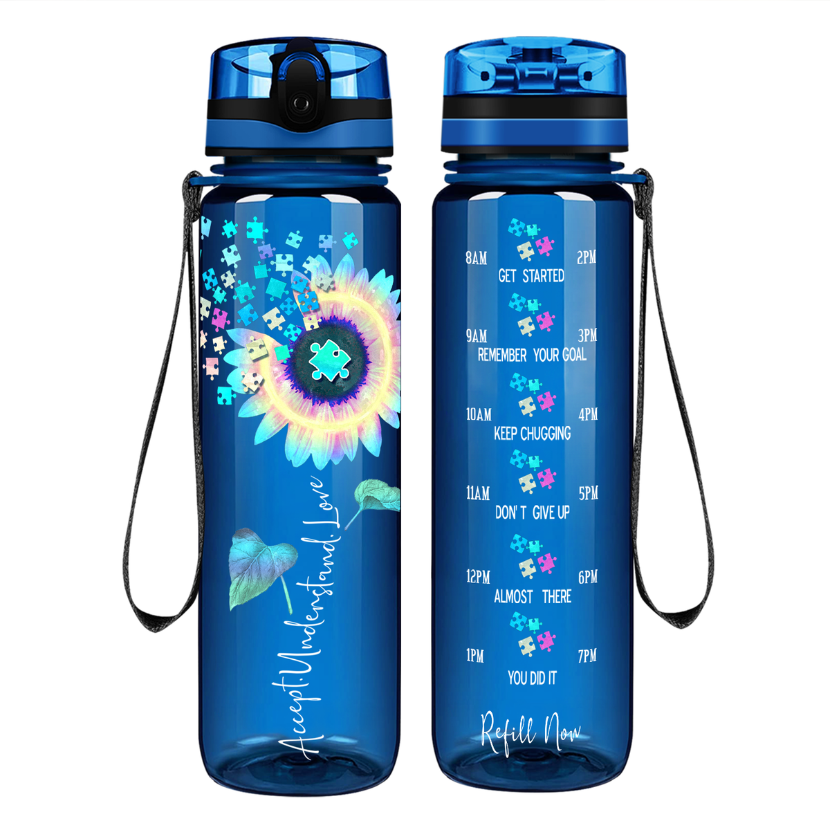 Accept Understand Love Autism Sunflower 32 oz Motivational Tracking Water Bottle