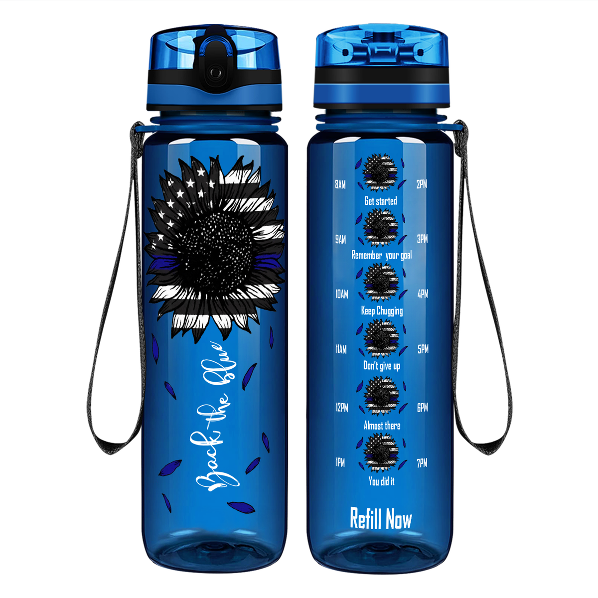 Thin Blue Line Sunflower on 32 oz Motivational Tracking Water Bottle