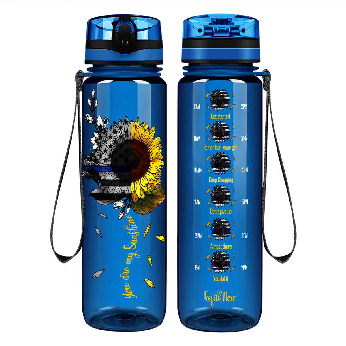 You are my Sunshine Thin Blue Line Sunflower on 32 oz Motivational Tracking Water Bottle