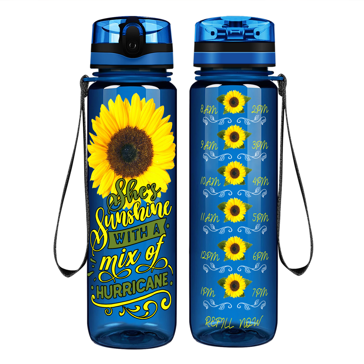 She's Sunshine with a Mix of Hurricane on 32 oz Motivational Tracking Sunflowers Water Bottle