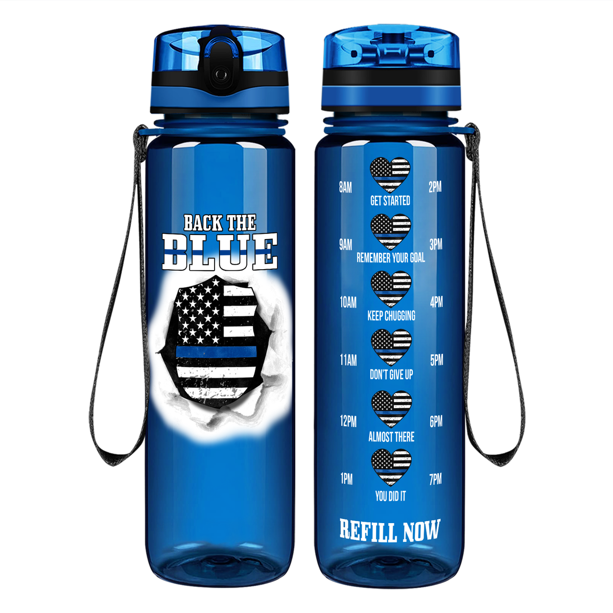 Back the Blue on 32 oz Motivational Tracking Water Bottle