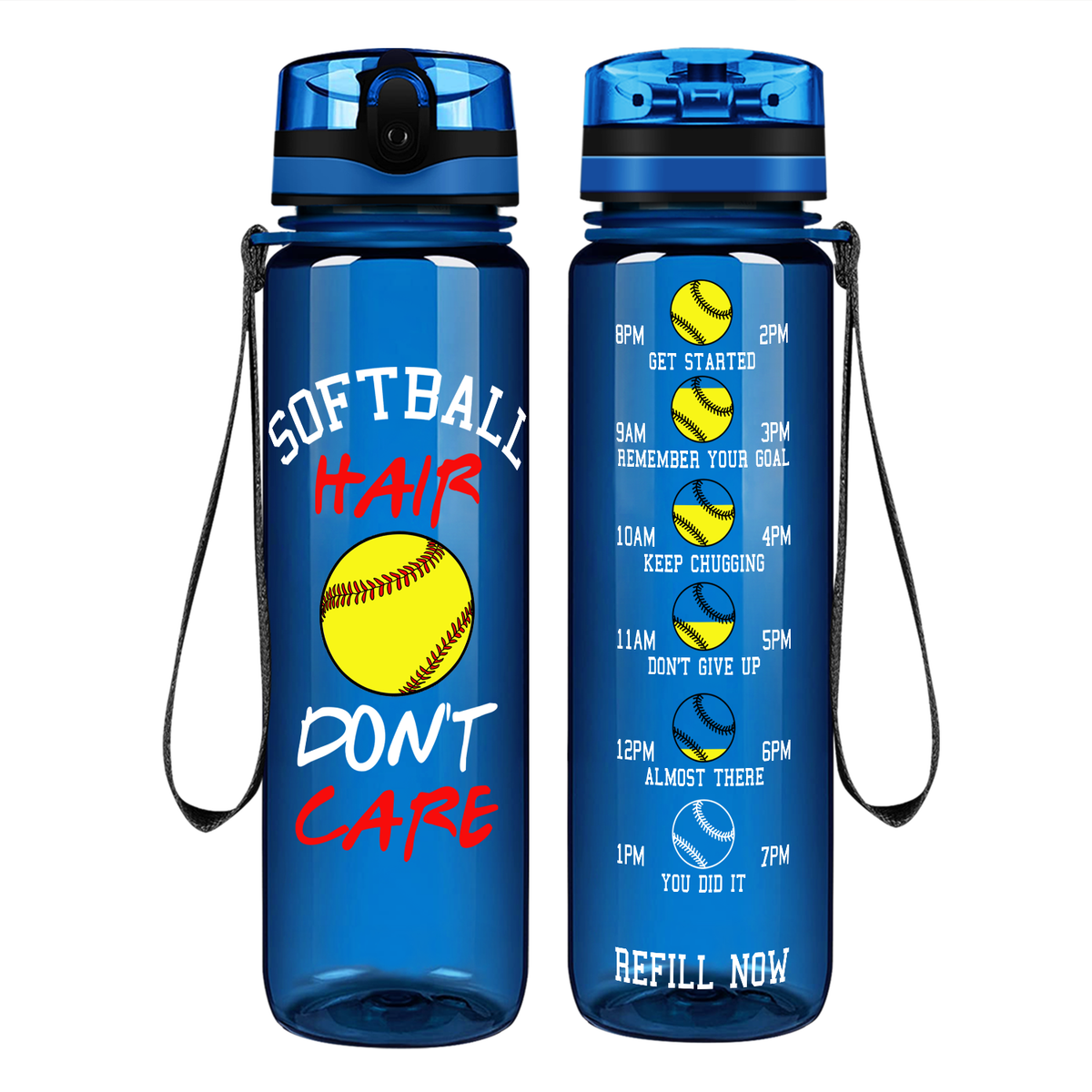 Softball Hair Don't Care on 32 oz Motivational Tracking Water Bottle