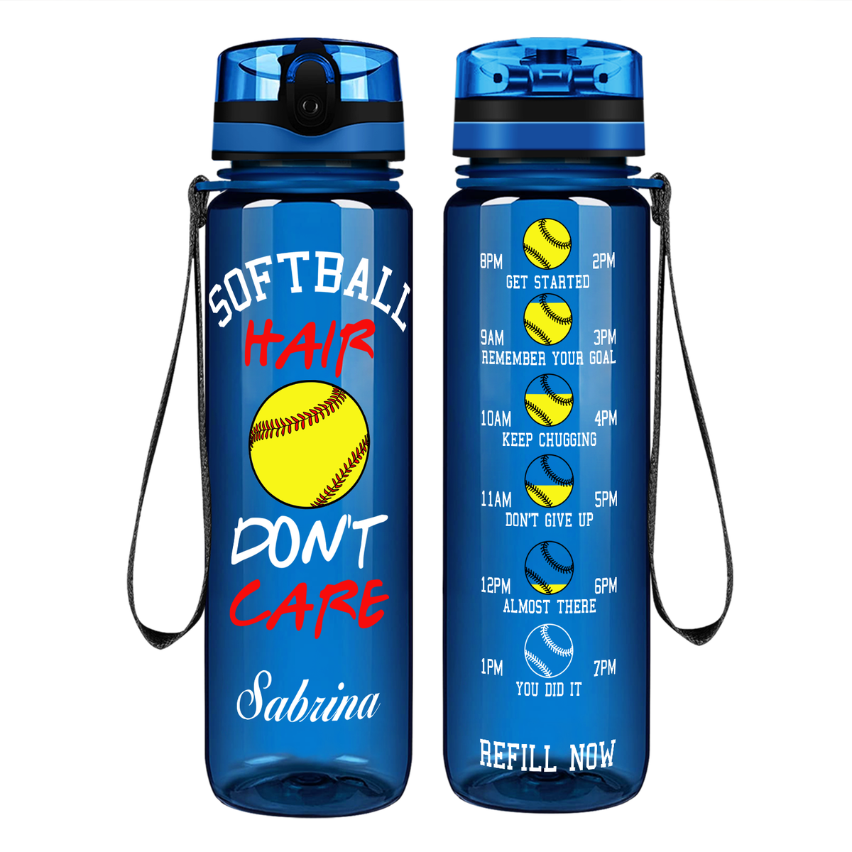 Personalized Softball Hair Don't Care on 32 oz Motivational Tracking Water Bottle