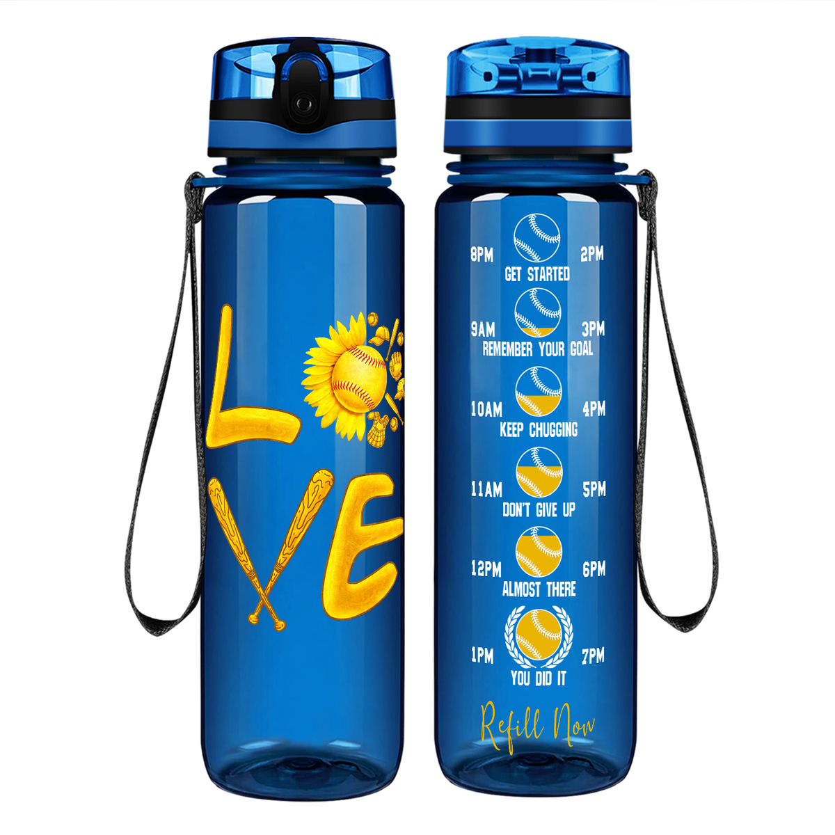 Love Softball Flower on 32 oz Motivational Tracking Water Bottle