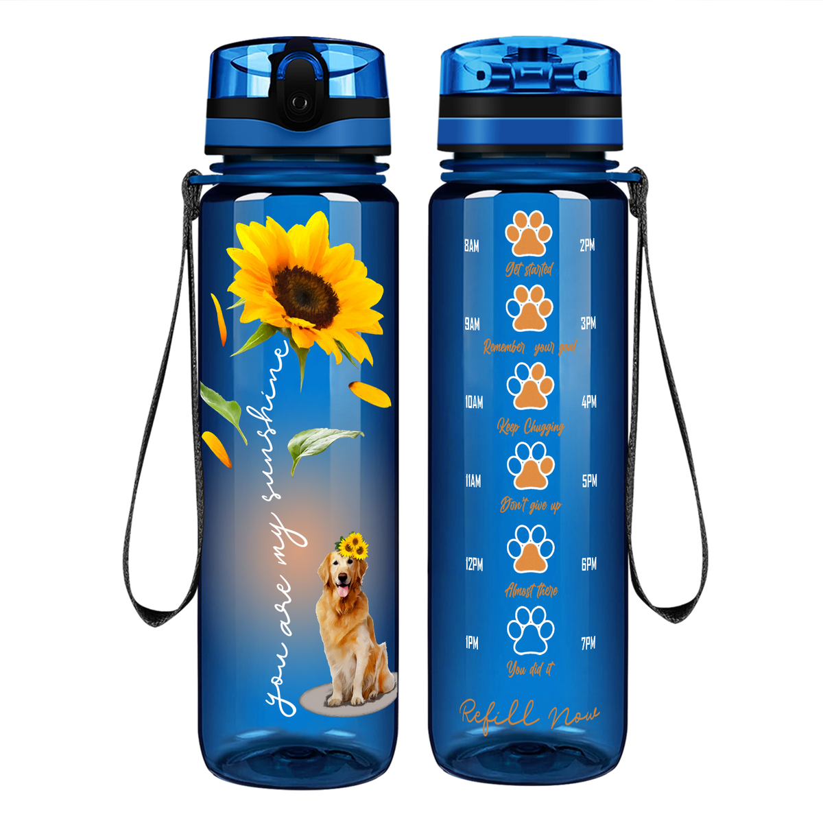 You Are My Sunshine Golden Retriever Sunflower on 32 oz Motivational Tracking Water Bottle