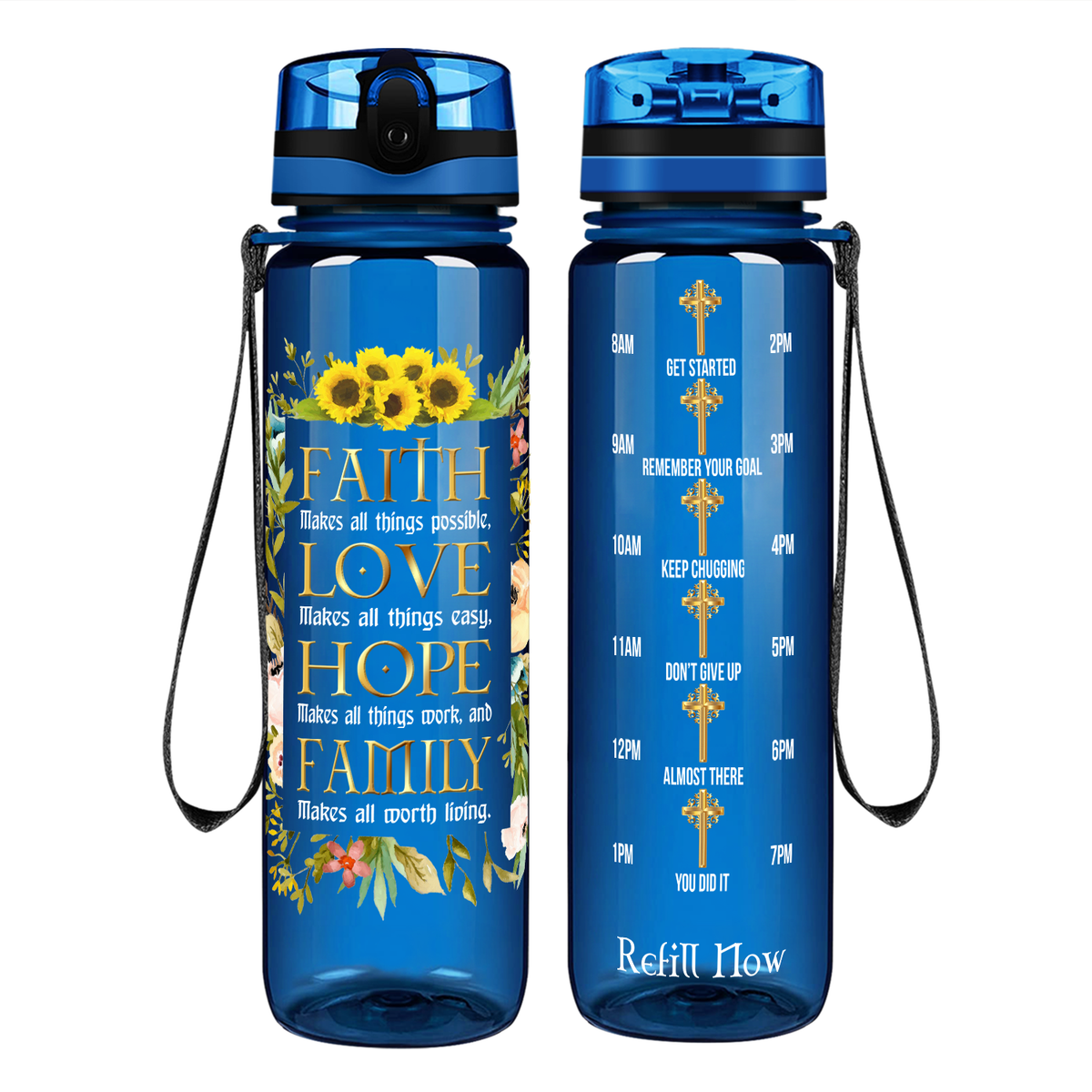 Faith Love Hope Family on 32 oz Motivational Tracking Water Bottle