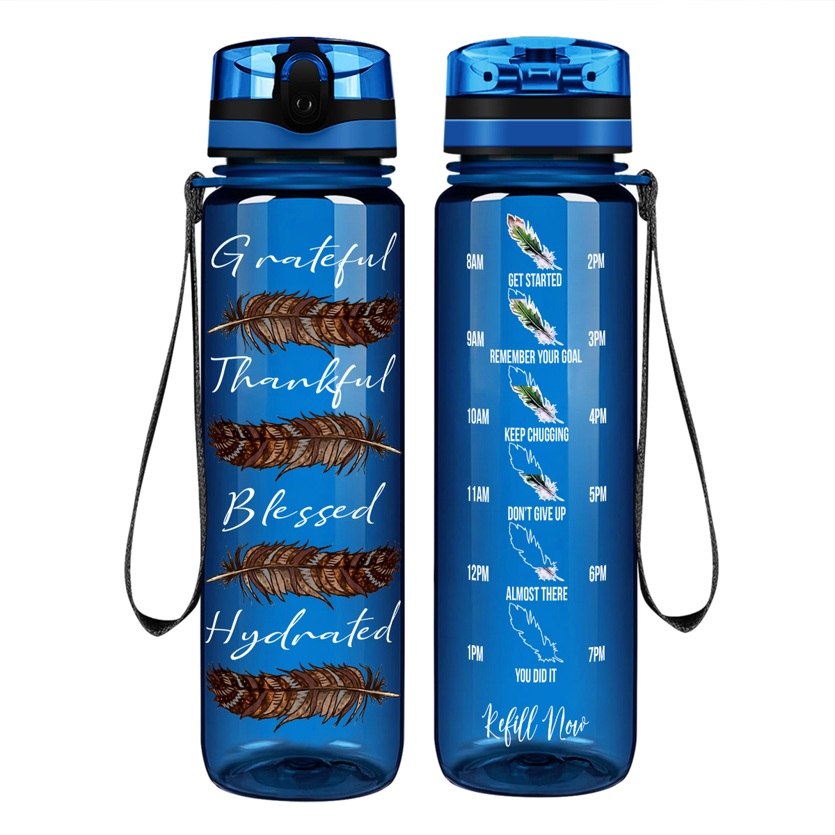 Grateful Thankful Blessed Hydrated with Feathers on 32 oz Motivational Tracking Water Bottle