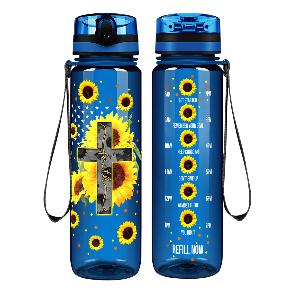 Faith Cross Sunflowers on 32 oz Motivational Tracking Water Bottle