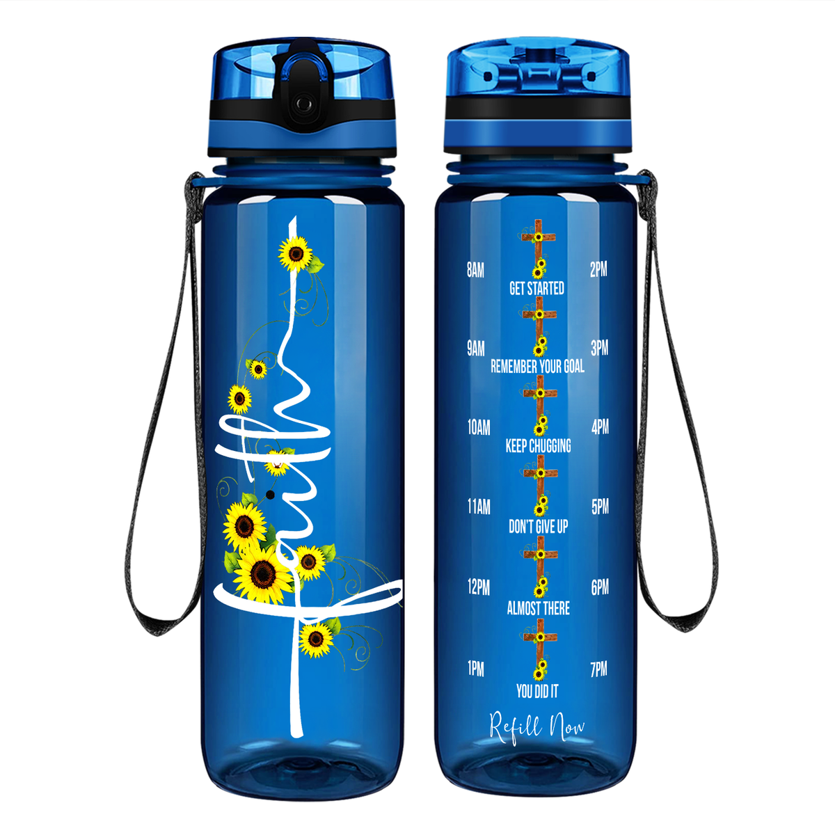 Faith Sunflowers on 32 oz Motivational Tracking Water Bottle