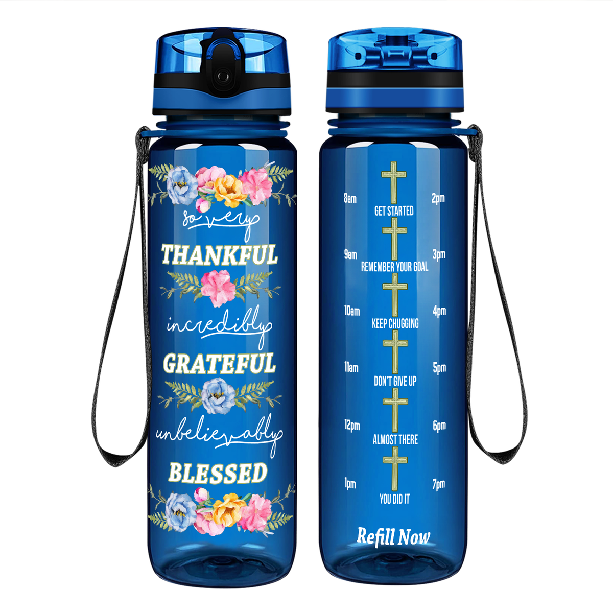 Thankful Grateful Blessed on 32 oz Motivational Tracking Water Bottle