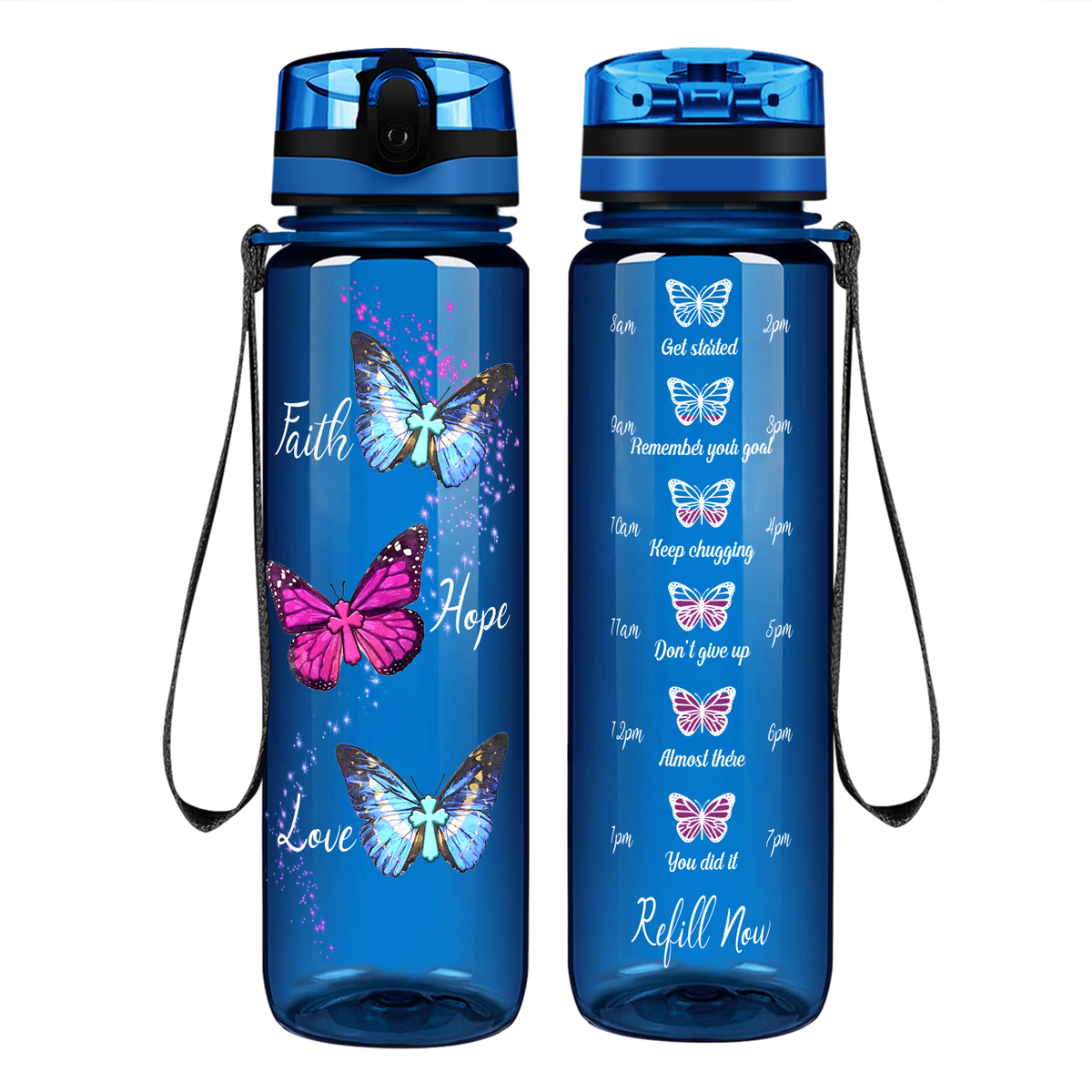 Faith Hope Love Butterflies on 32 oz Motivational Tracking Water Bottle