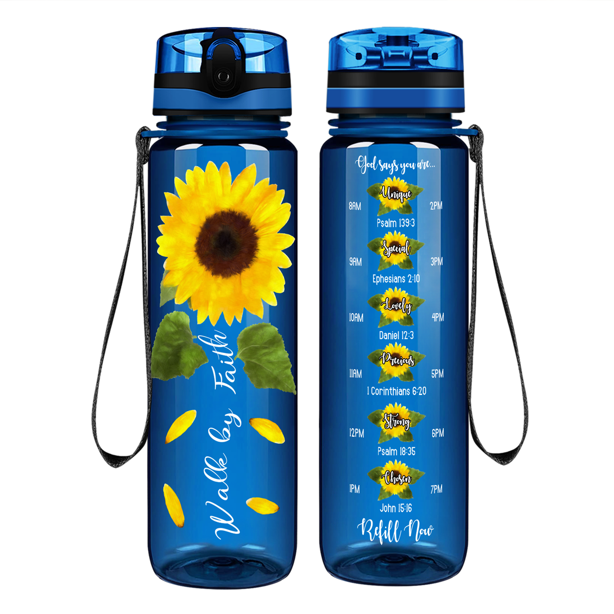 Walk By Faith Sunflower on 32 oz Motivational Tracking Water Bottle