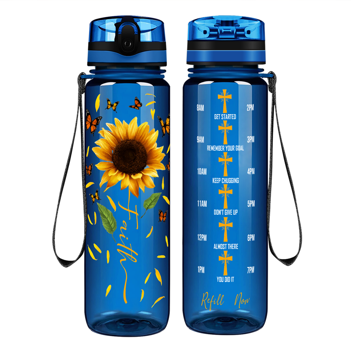 Faith Sunflowers Butterflies on 32 oz Motivational Tracking Water Bottle