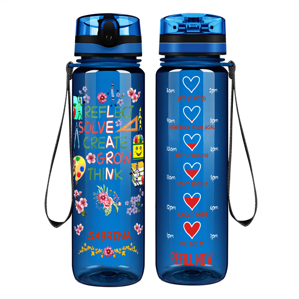 Personalized Reflect Solve Create Grow Think on 32 oz Motivational Tracking Water Bottle