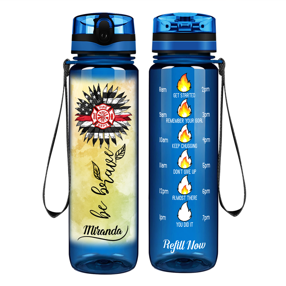 Personalized Firefigher Be Brave on 32 oz Motivational Tracking Water Bottle