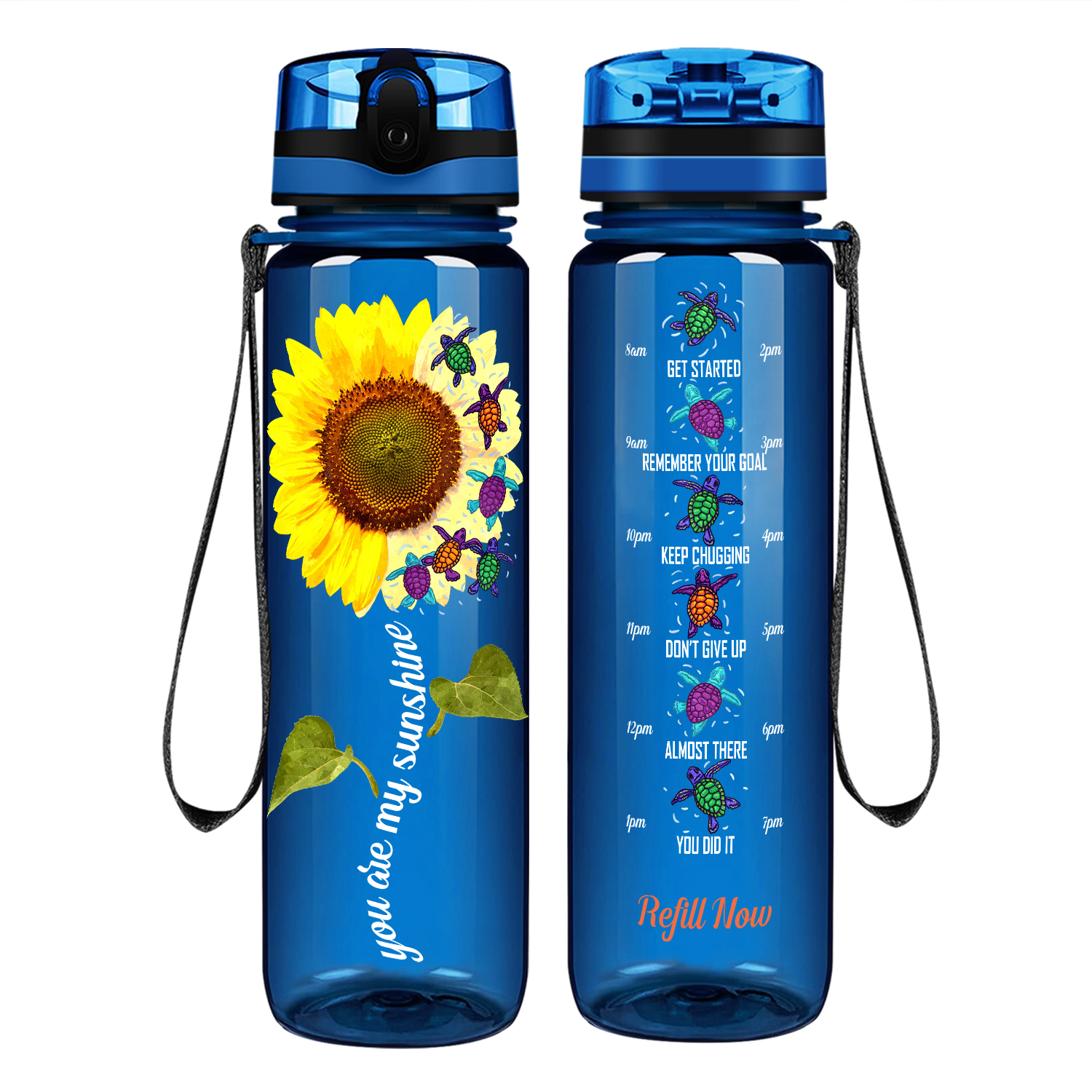 Turtles You Are My Sunshine Sunflower on 32 oz Motivational Tracking Water Bottle