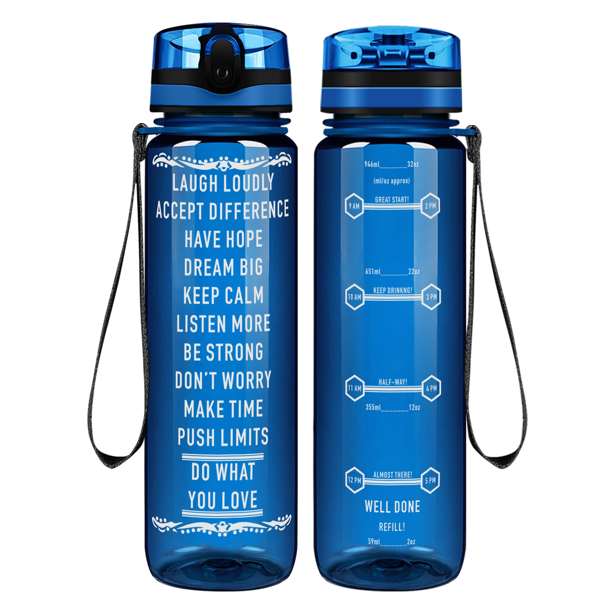Laugh Loudly on 32 oz Motivational Tracking Water Bottle
