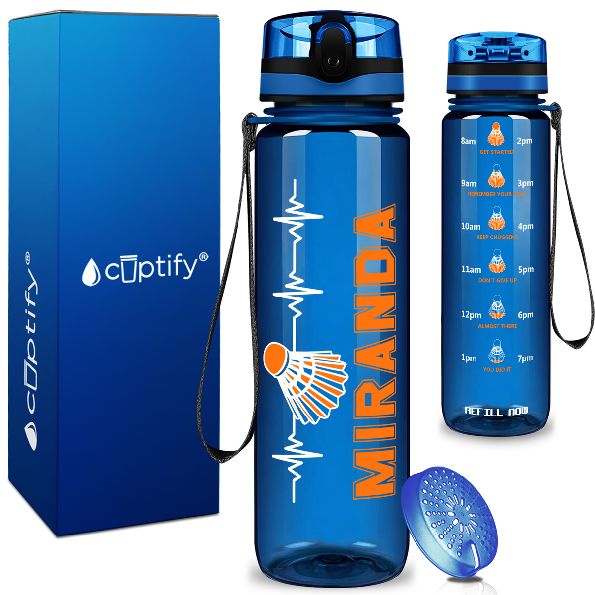 Personalized Badminton Heartbeat on 32 oz Motivational Tracking Water Bottle