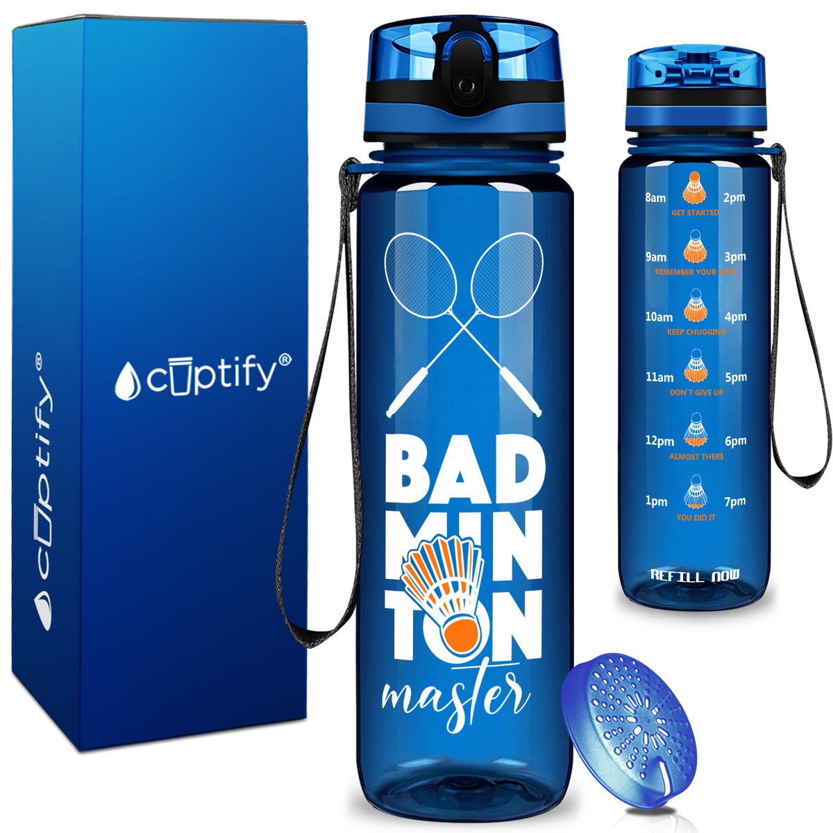 Personalized Badminton Master on 32 oz Motivational Tracking Water Bottle