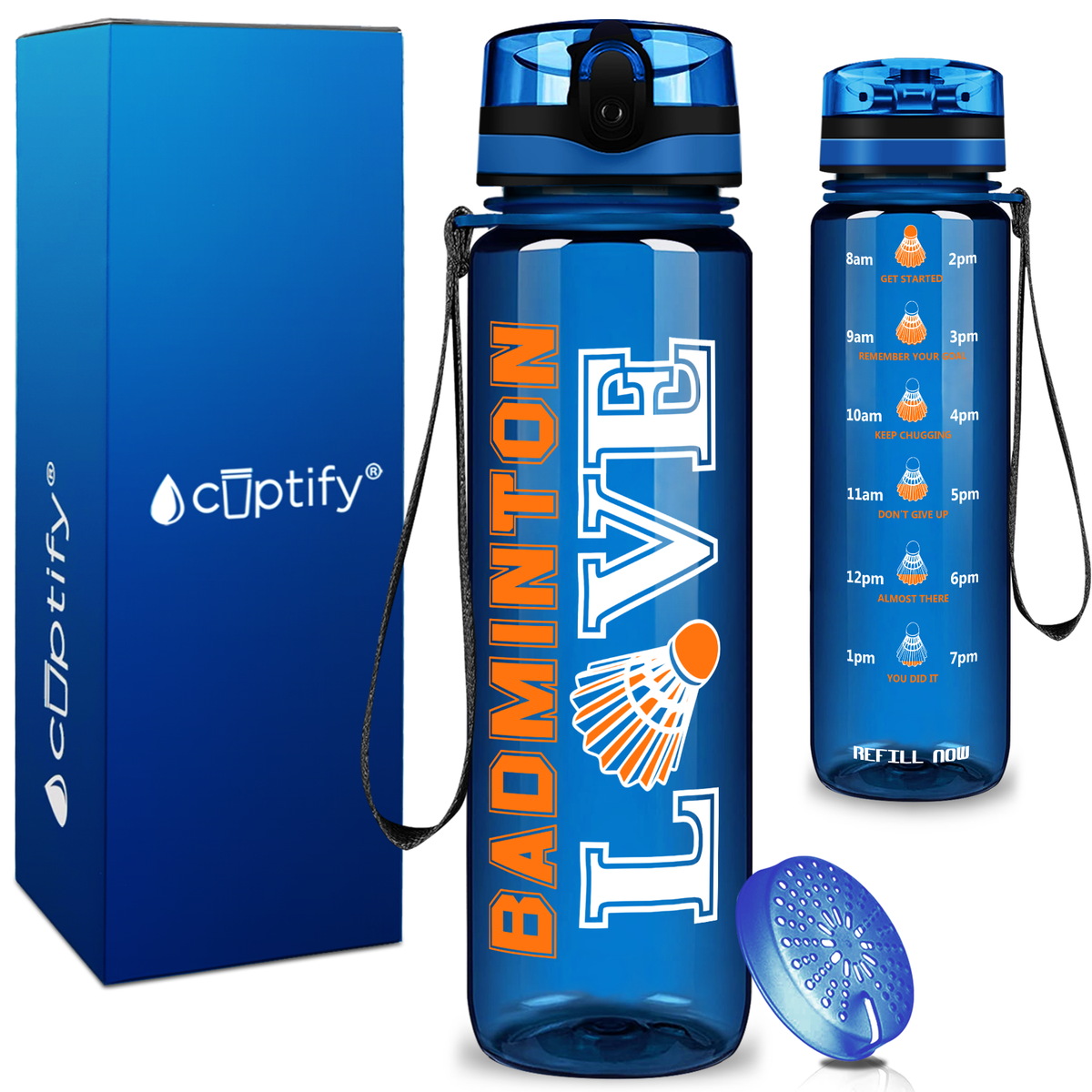 Love Badminton on 32 oz Motivational Tracking Water Bottle