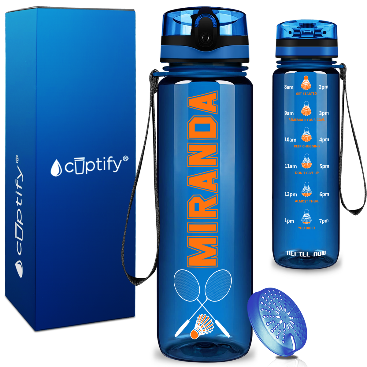Personalized Badminton Rackets and Shuttlecock on 32 oz Motivational Tracking Water Bottle