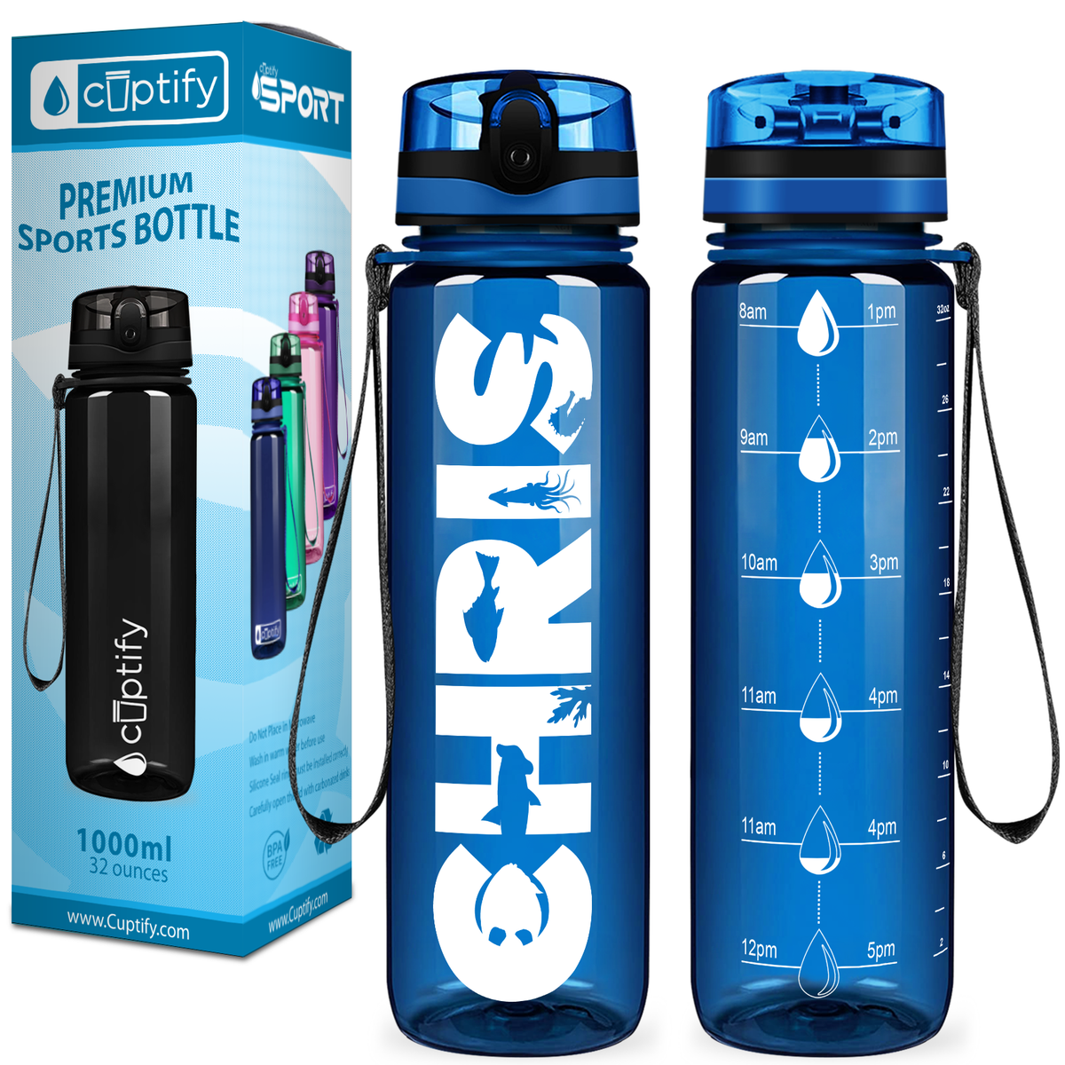 Kids Personalized on Blue 32 oz Motivational Tracking Water Bottle
