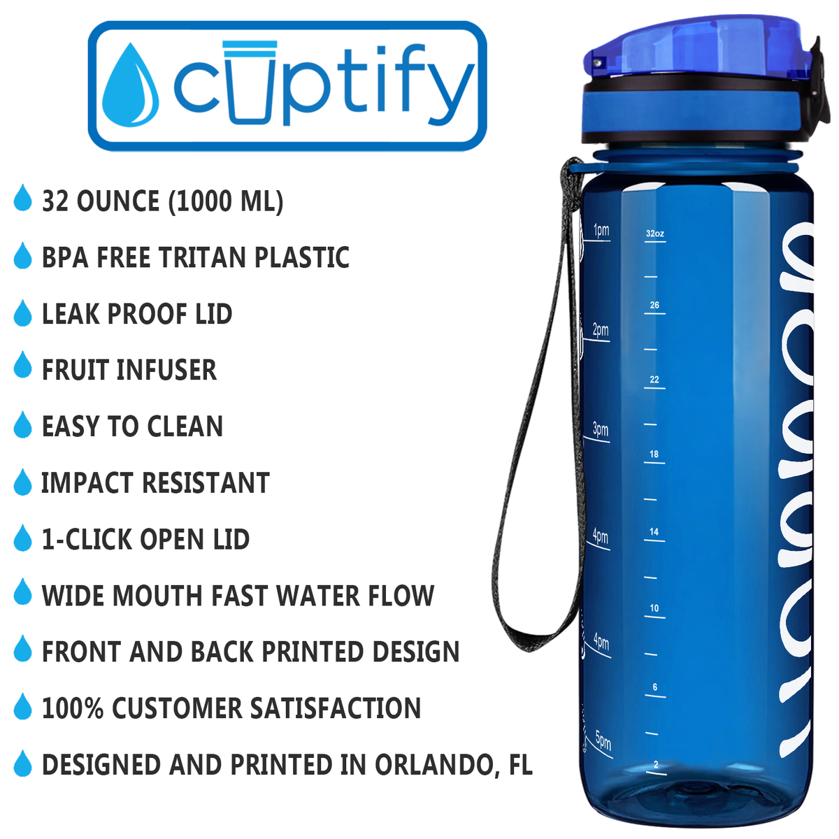 Kids Personalized on Blue 32 oz Motivational Tracking Water Bottle
