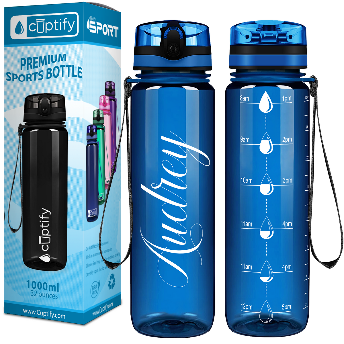 Blue 32 oz Personalized Motivational Tracking Water Bottle