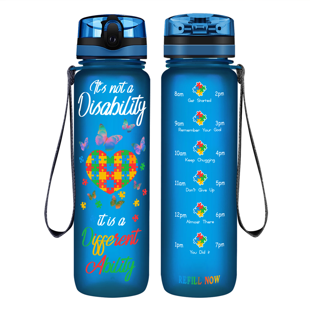 Autism Colorful Butterfly Different Ability on 32 oz Motivational Tracking Water Bottle