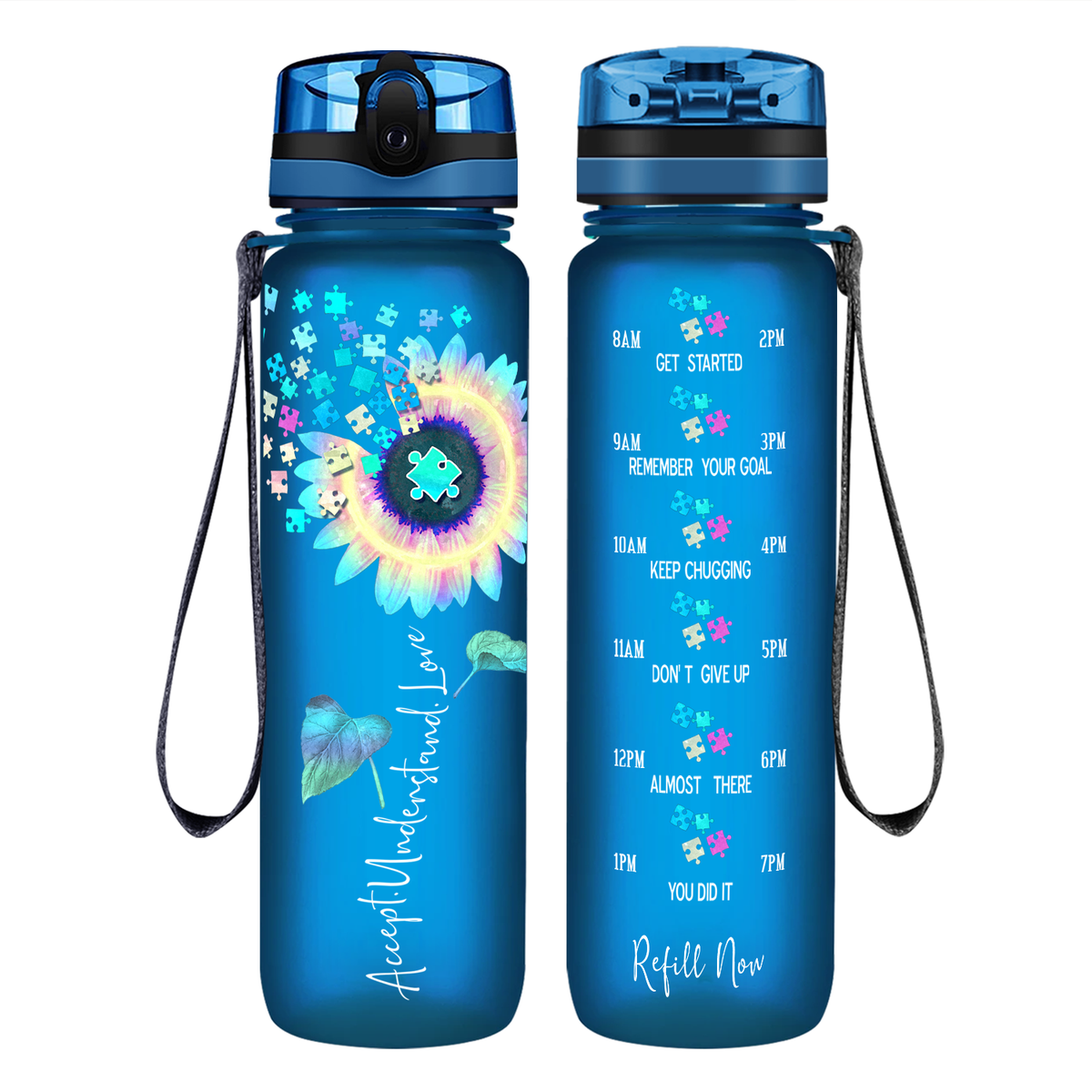 Accept Understand Love Autism Sunflower 32 oz Motivational Tracking Water Bottle
