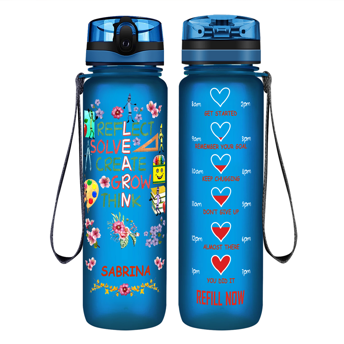 Personalized Reflect Solve Create Grow Think on 32 oz Motivational Tracking Water Bottle