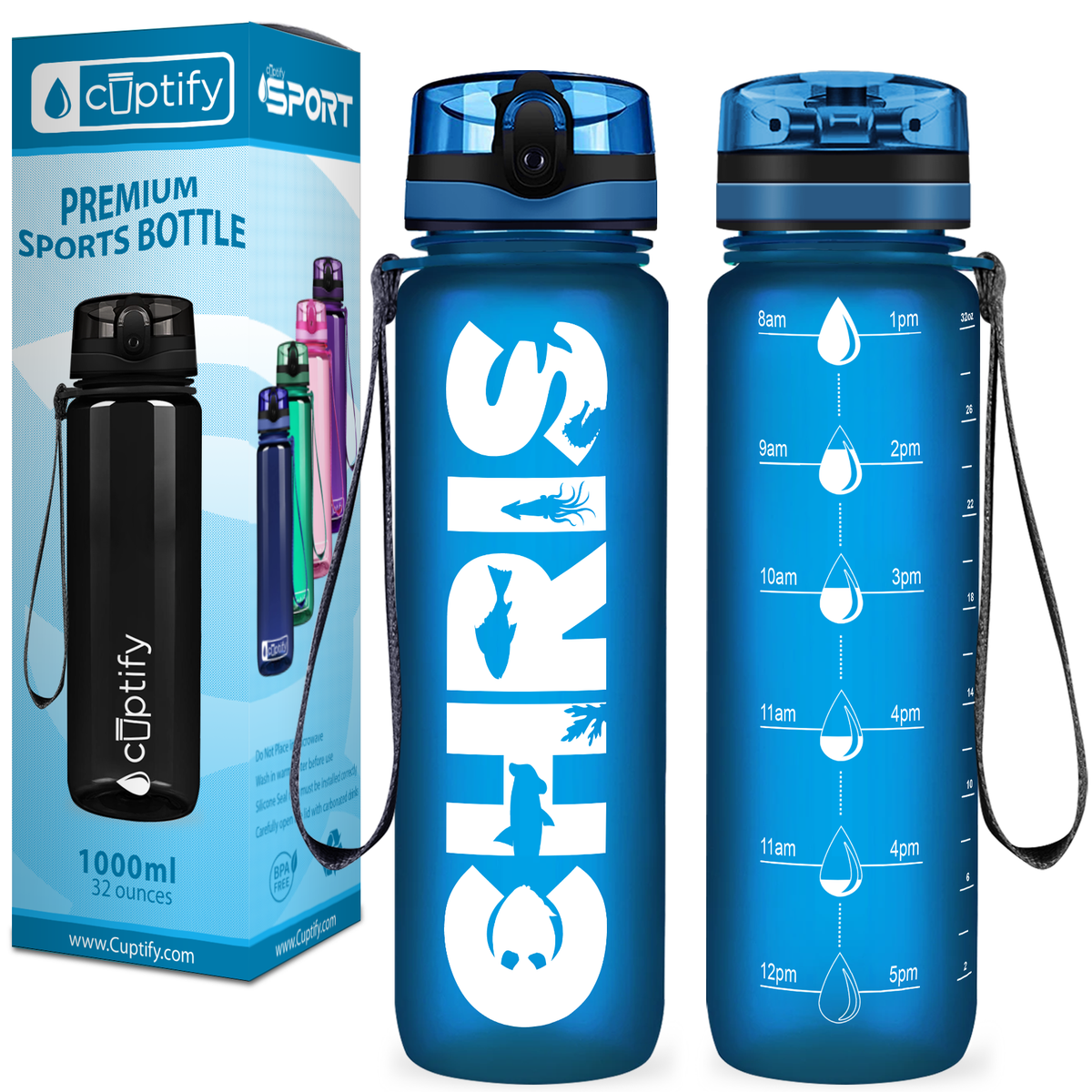 Kids Personalized on Blue Frosted 32 oz Motivational Tracking Water Bottle