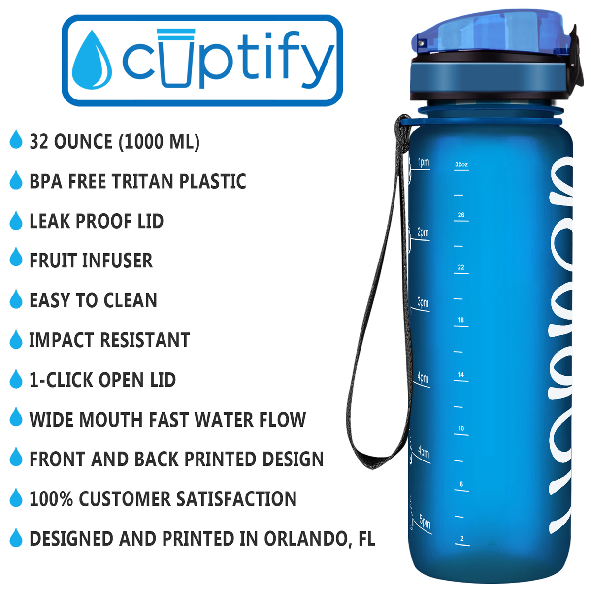 Kids Personalized on Blue Frosted 32 oz Motivational Tracking Water Bottle