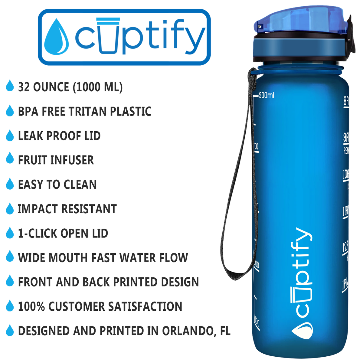 Cuptify Blue Frosted 32 oz Motivational Water Bottle