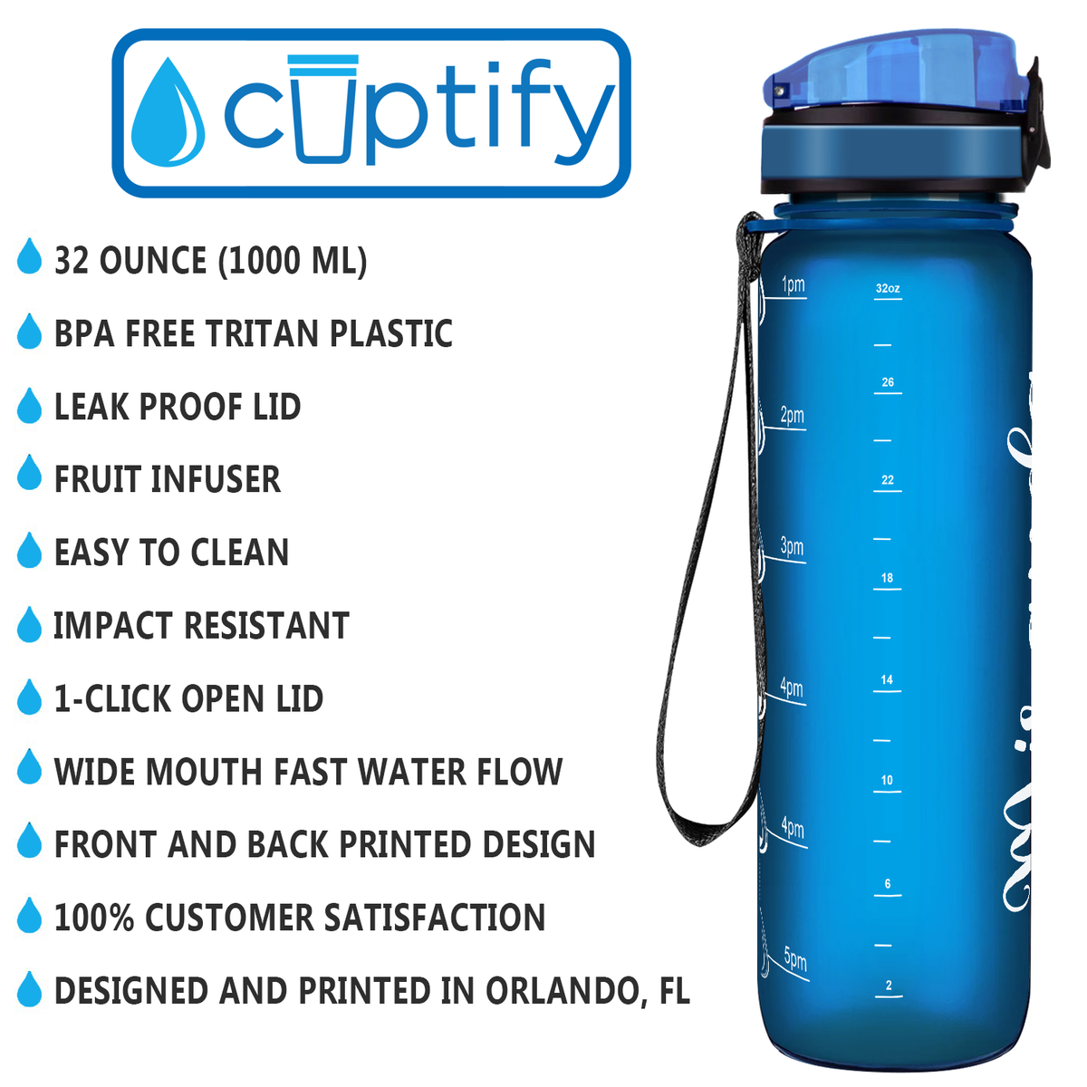 Blue Frosted 32 oz Personalized Motivational Tracking Water Bottle