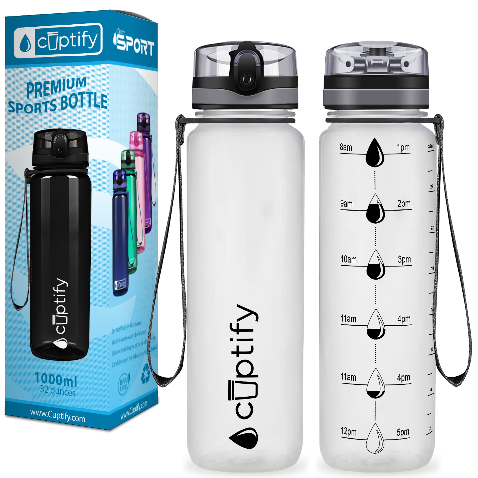 Cuptify Clear Frosted 32 oz Hydration Tracker Water Bottle