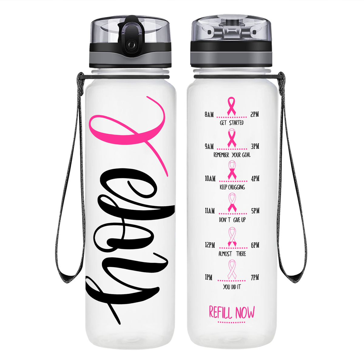 Hope Pink Ribbon on 32 oz Motivational Tracking Breast Cancer Awareness Water Bottle
