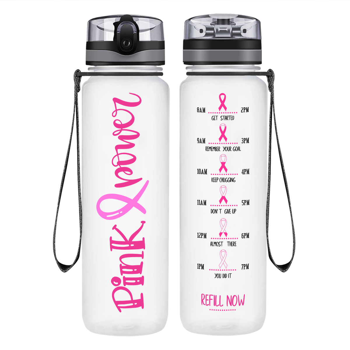 Pink Power on 32 oz Motivational Tracking Breast Cancer Awareness Water Bottle