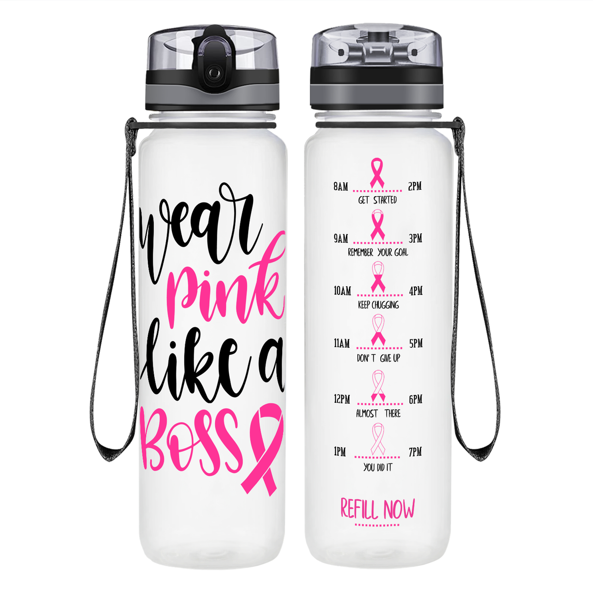 Wear Pink Like a Boss on 32 oz Motivational Tracking Breast Cancer Awareness Water Bottle