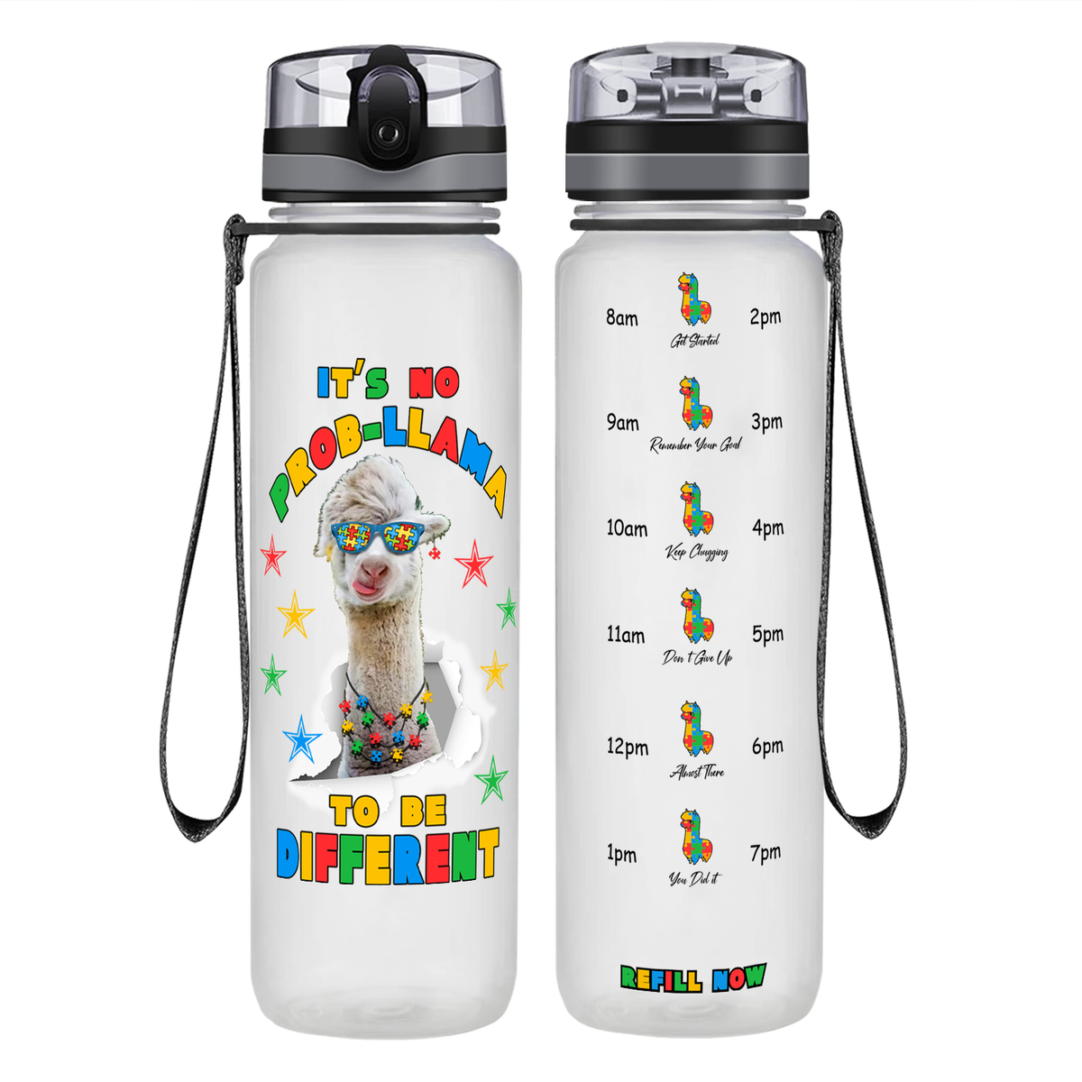 No Prob-llama Autism Stars on 32 oz Motivational Tracking Water Bottle